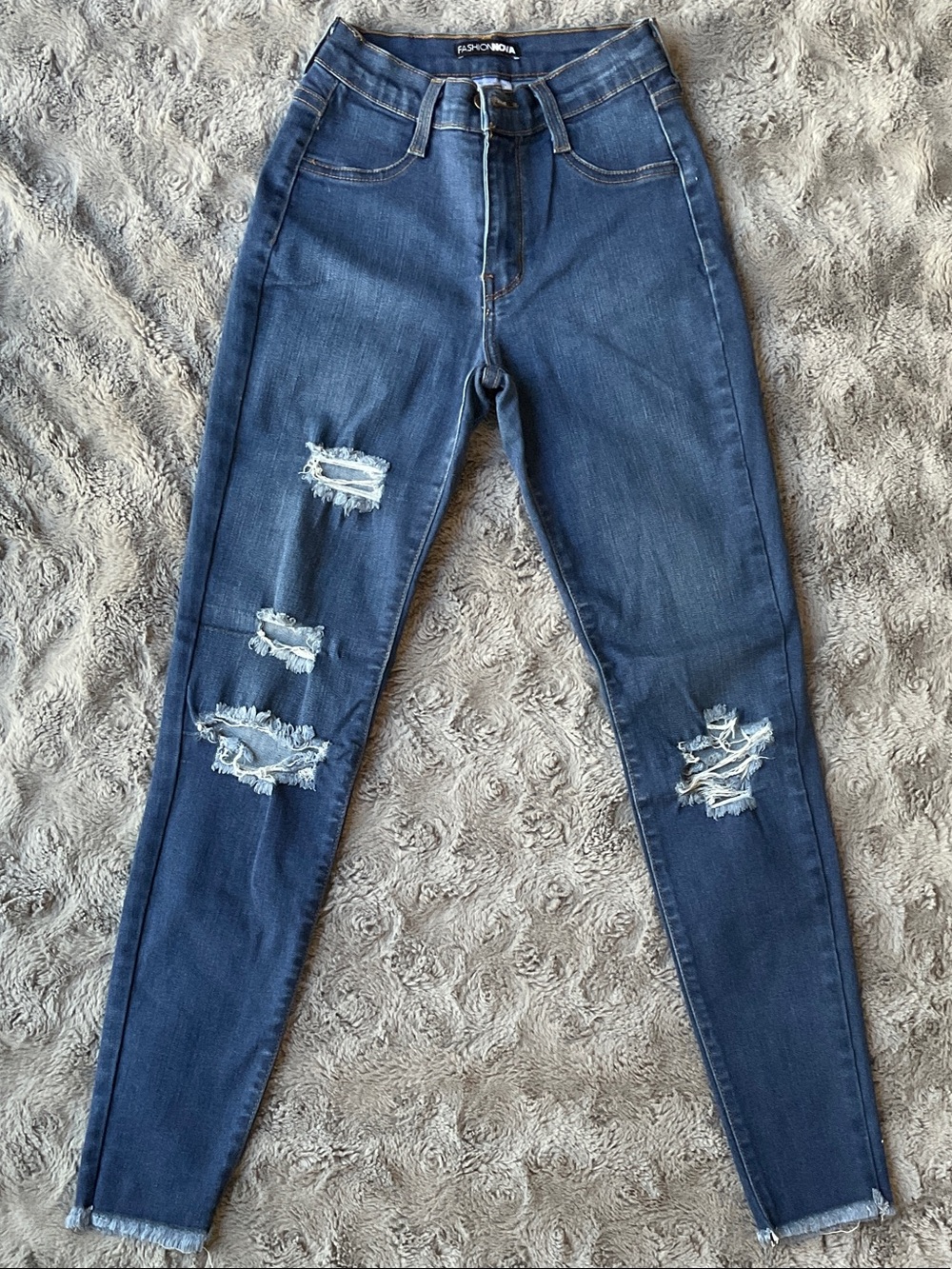 Fashion Nova Dark Blue Distressed Ankle Jeans